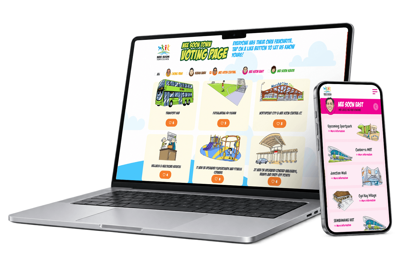 Nee Soon community website displayed on a desktop monitor