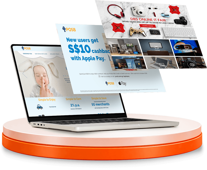 DBS and POSB campaign websites and landing pages shown across a laptop and campaign screens