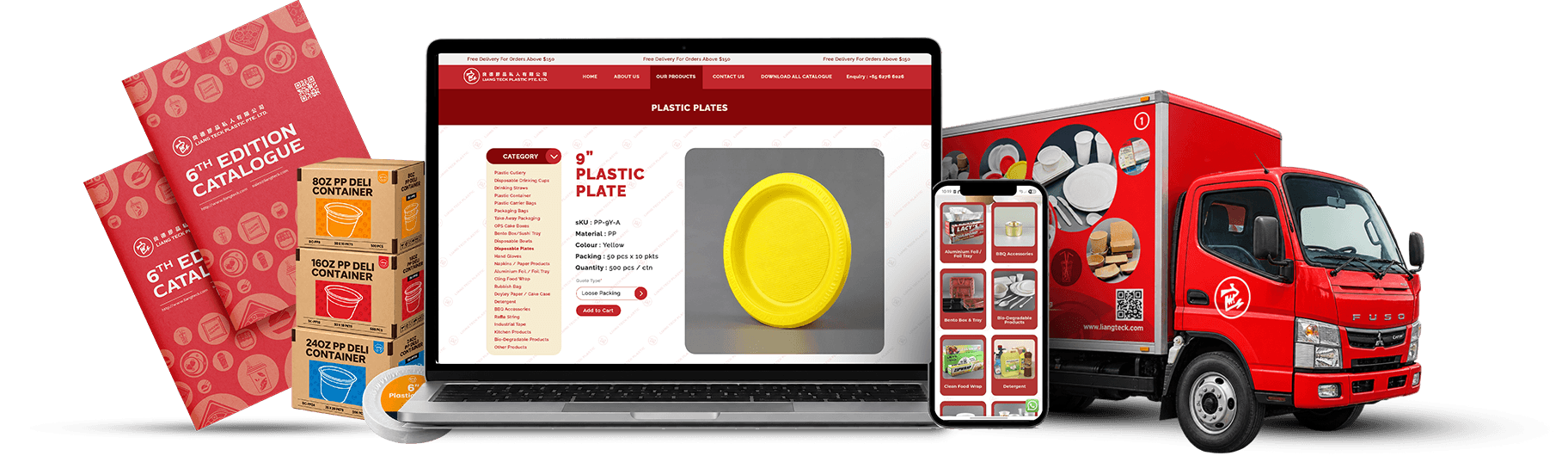 Liang Teck catalogue, packaging, website, mobile experience and branded lorry